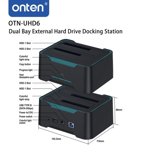 Onten Dual Bay External Hard Drive Docking Station for 2.5/3.5 inch HDD/SSD MAX 2x16TB